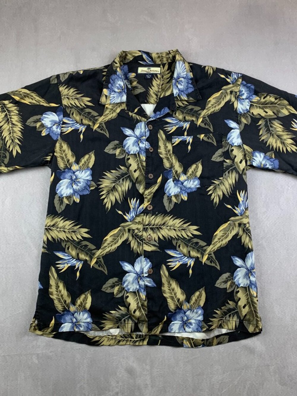 Tommy Bahama Mens Silk Camp Shirt Medium Black Yellow Blue Floral Button Up